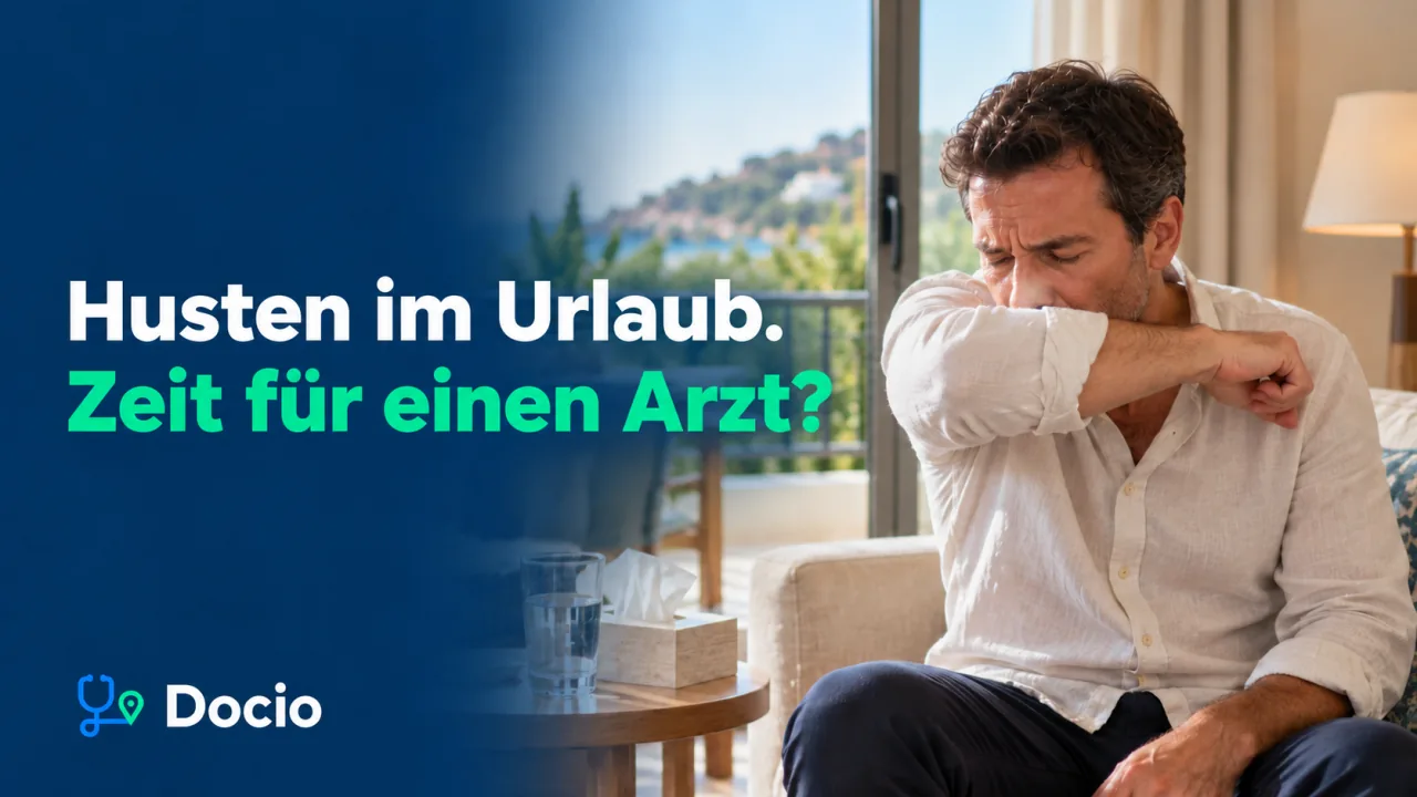 Husten im Urlaub. Zeit für einen Arzt? Ein Reisender hustet in die Armbeuge, während er in einem Hotelzimmer neben Wasser und Taschentüchern sitzt. KI-generiertes Bild.