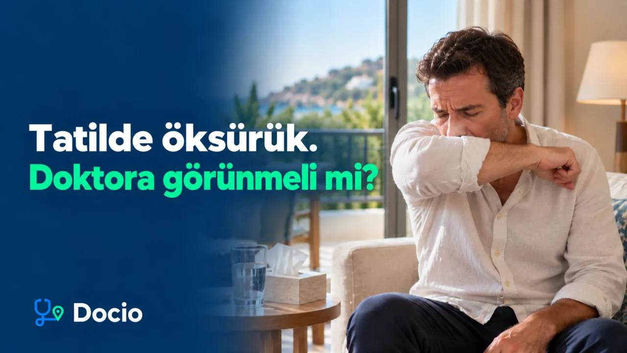 Tatilde öksürük. Doktora görünmeli mi? Otel odasında su ve mendillerin yanında otururken dirseğinin içine öksüren bir gezgin. Yapay zekâyla oluşturulmuş görsel.