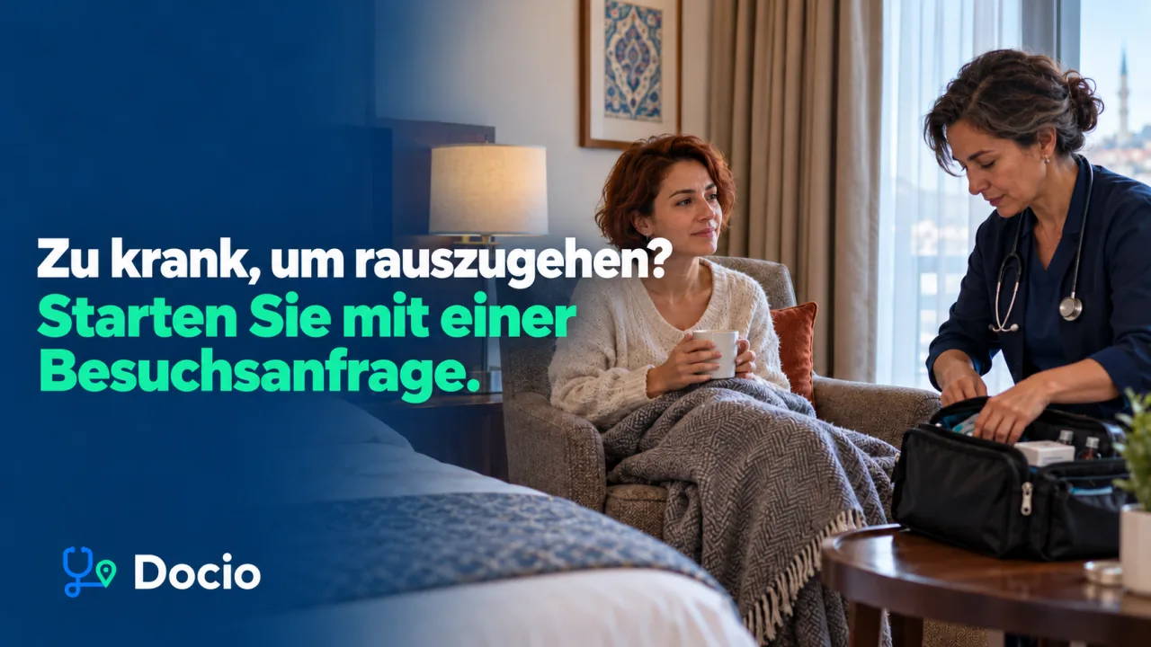 Zu krank, um rauszugehen? Starten Sie mit einer Besuchsanfrage. Eine Ärztin bereitet im Hotel neben einer Reisenden ihre Arzttasche vor. KI-generiertes Bild.