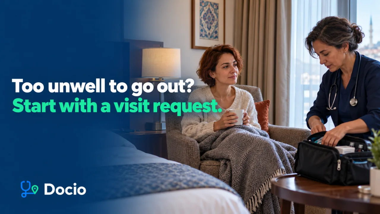 Too unwell to go out? Start with a visit request. A visiting doctor preparing a medical bag beside a traveller at a hotel. AI-generated image.