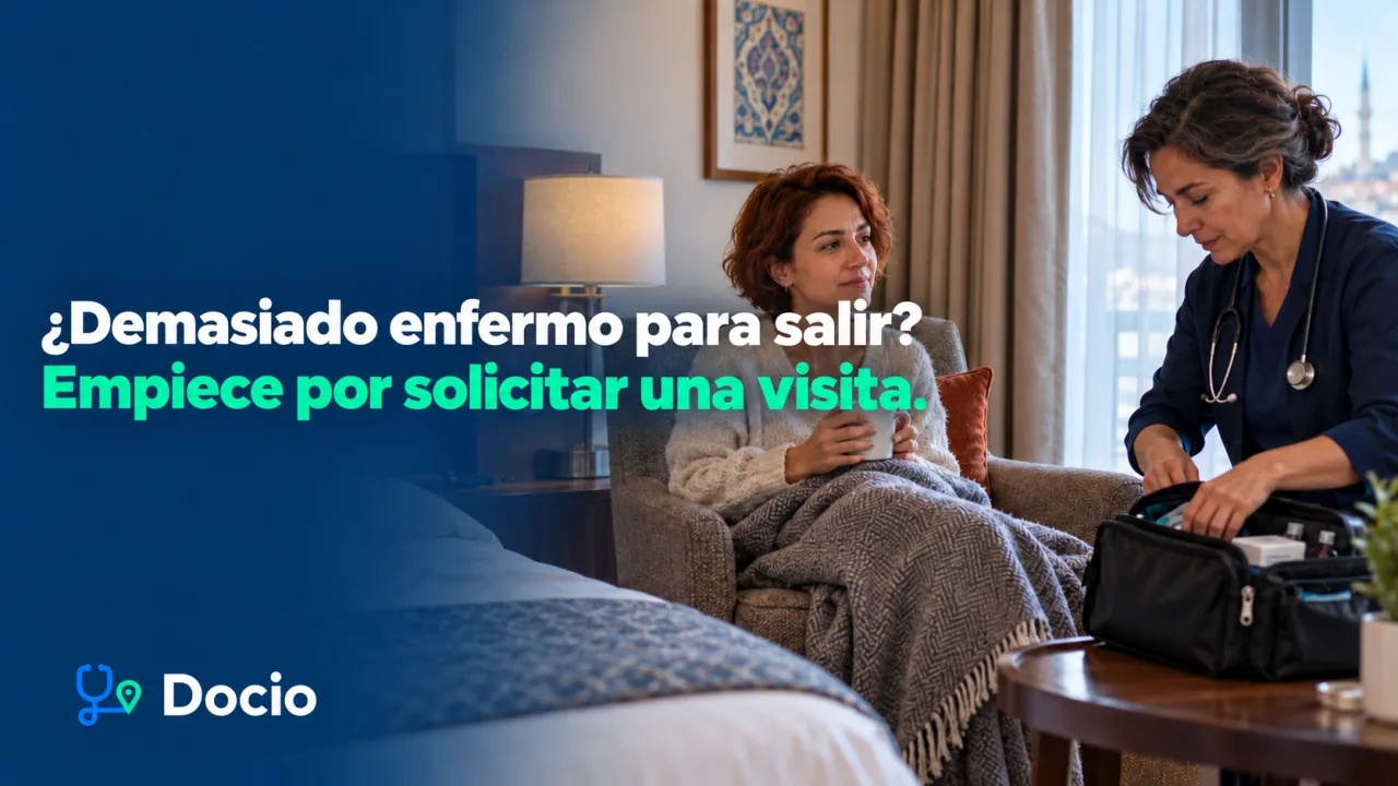 ¿Demasiado enfermo para salir? Empiece por solicitar una visita. Una médica prepara su maletín junto a una viajera en un hotel. Imagen generada por IA.