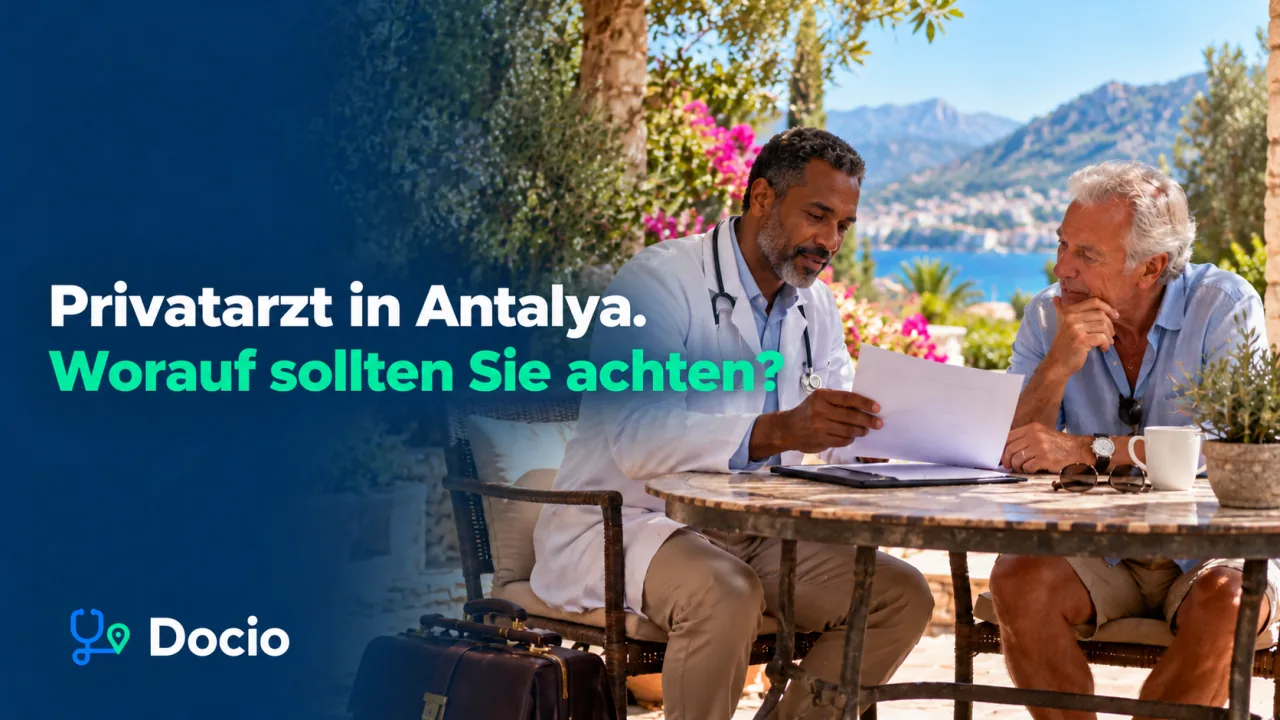 Privatarzt in Antalya. Worauf sollten Sie achten? Ein Reisender bespricht auf einer schattigen Villenterrasse einen privaten Arztbesuch. KI-generiertes Bild.