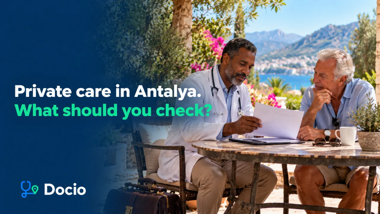 Private care in Antalya. What should you check? A traveller discussing a private doctor visit on a shaded villa terrace. AI-generated image.