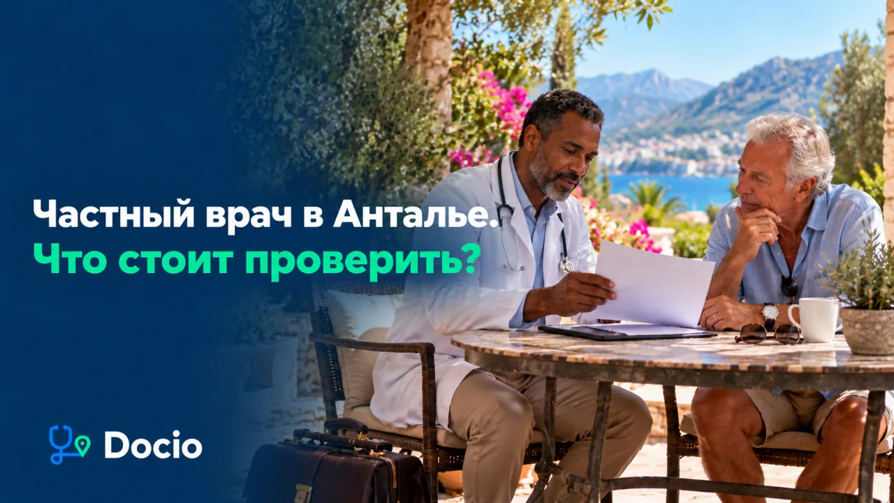 Частный врач в Анталье. Что стоит проверить? Путешественник обсуждает частный визит врача на тенистой террасе виллы. Изображение создано ИИ.