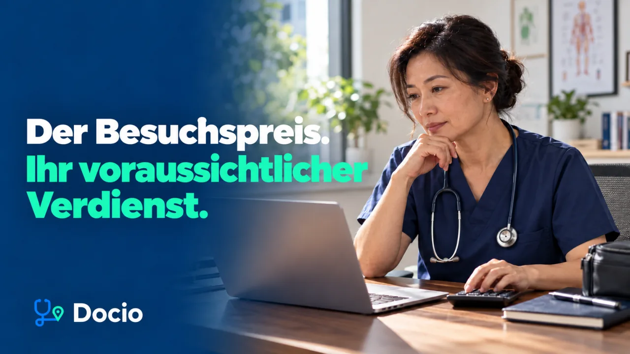 Der Besuchspreis. Ihr voraussichtlicher Verdienst. Eine Ärztin prüft am Laptop die Kalkulation eines Besuchs; daneben liegt ein Taschenrechner. KI-generiertes Bild.