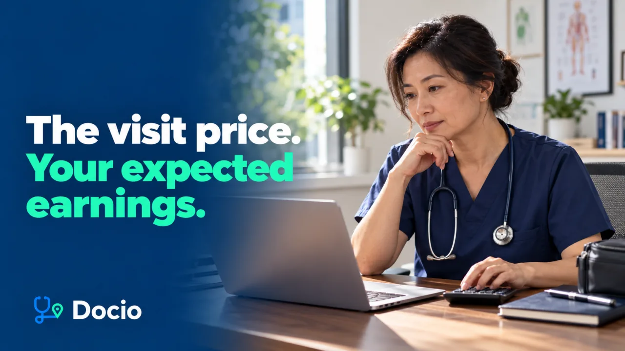 The visit price. Your expected earnings. A doctor reviewing a visit estimate on a laptop beside a calculator. AI-generated image.
