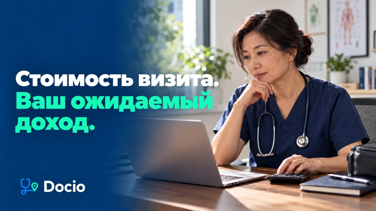 Стоимость визита. Ваш ожидаемый доход. Врач изучает расчёт стоимости визита на ноутбуке рядом с калькулятором. Изображение создано ИИ.
