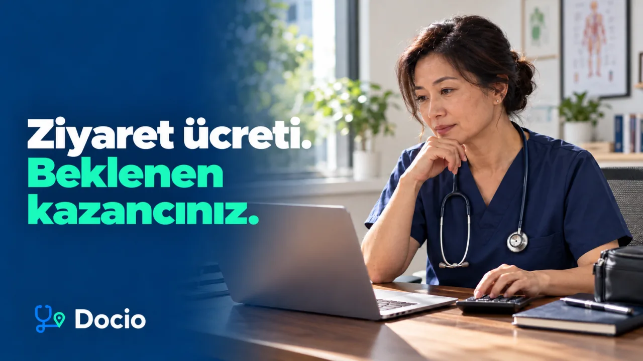 Ziyaret ücreti. Beklenen kazancınız. Hesap makinesinin yanında, dizüstü bilgisayarında ziyaretin ücretini değerlendiren bir doktor. Yapay zekâyla oluşturulmuş görsel.